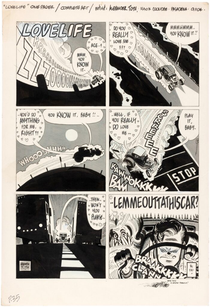 A one panel strip, "Lovelife" by Alex Toth, for DRAG Cartoons #5, published in 1964
