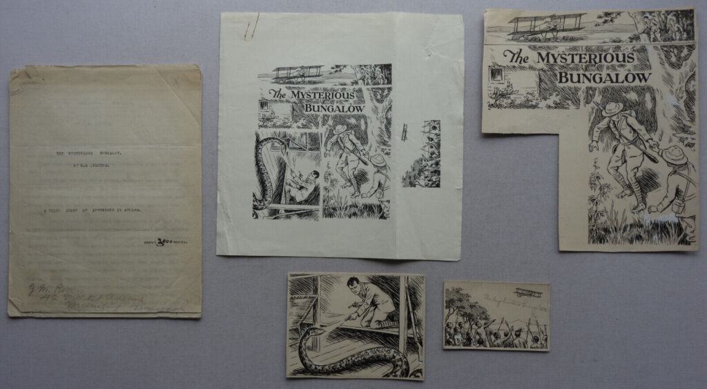 3000 script for a story called "The Mysterious Bungalow", by G.M. Roberts which, according to a pencil note on the back of one of these items, was published in the 1933 "Our Boys Gift Book". An "F.C. Dickinson" is mentioned in the pencil notes too - perhaps the artist. The lot comprises a ten page script plus cover (the cover nearly detached at the staple, with some wear). Pencil annotations to the text. The original artwork for the title page of the story plus a proof of this artwork (this has a two inch tear to the edge), plus original artwork for two illustrations (one of which is included on the proof, to the edge).