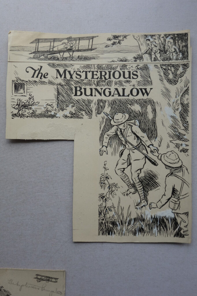 3000 script for a story called "The Mysterious Bungalow", by G.M. Roberts which, according to a pencil note on the back of one of these items, was published in the 1933 "Our Boys Gift Book". An "F.C. Dickinson" is mentioned in the pencil notes too - perhaps the artist. The lot comprises a ten page script plus cover (the cover nearly detached at the staple, with some wear). Pencil annotations to the text. The original artwork for the title page of the story plus a proof of this artwork (this has a two inch tear to the edge), plus original artwork for two illustrations (one of which is included on the proof, to the edge).
