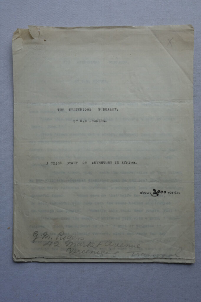 3000 script for a story called "The Mysterious Bungalow", by G.M. Roberts which, according to a pencil note on the back of one of these items, was published in the 1933 "Our Boys Gift Book". An "F.C. Dickinson" is mentioned in the pencil notes too - perhaps the artist. The lot comprises a ten page script plus cover (the cover nearly detached at the staple, with some wear). Pencil annotations to the text. The original artwork for the title page of the story plus a proof of this artwork (this has a two inch tear to the edge), plus original artwork for two illustrations (one of which is included on the proof, to the edge).