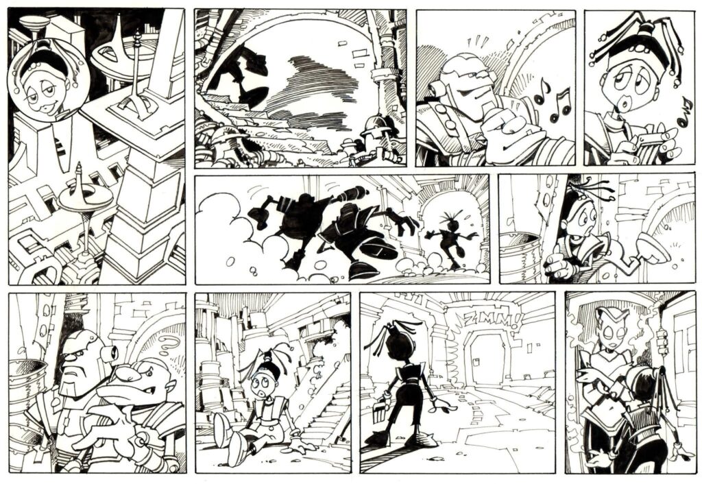 The original black and white art for the opening episode of "Annie Droid - Millennium Bug" by Peter Richardson and Ian Gibson. With thanks to Alan Marshall