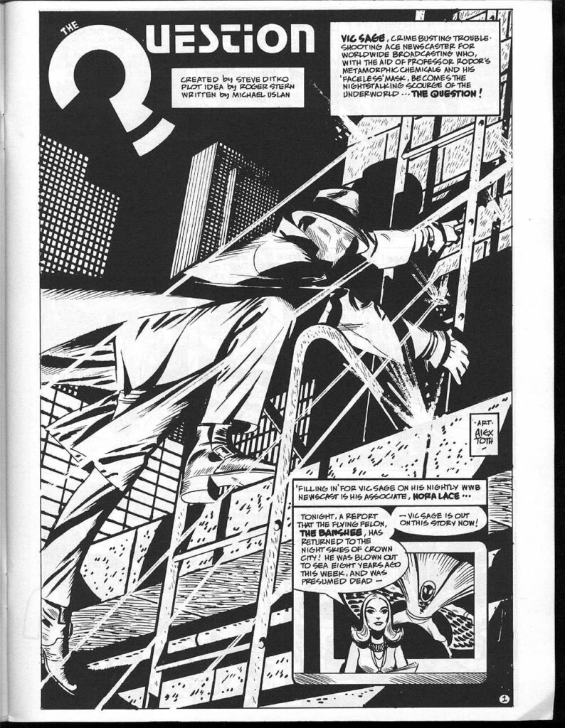 A page from the Charlton approved fanzine Charlton Bullseye which was published by the CPL Gang, a comic fan group founded by Bob Layton and Roger Stern, making this a Question fan comic that they somehow got Alex Toth to draw