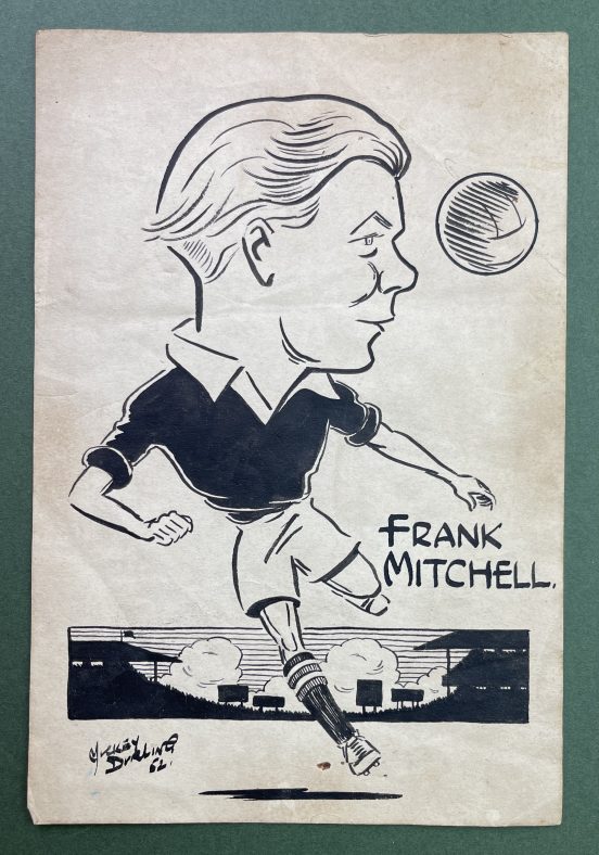A 1952 original caricature of Watford player Frank Mitchell by Mickey Durling
