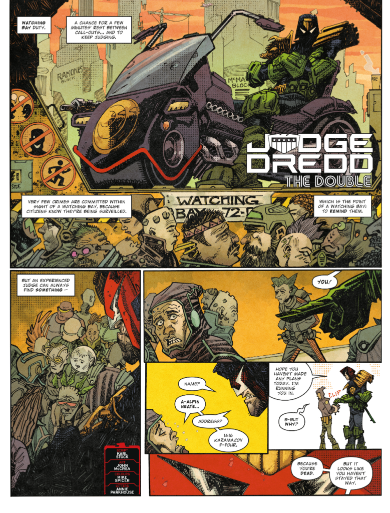2000AD Prog 2446 - JUDGE DREDD // THE DOUBLE 
by Karl Stock (Writer) John McCrea (Artist) Mike Spicer (Colourist) Simon Bowland (Letterer)