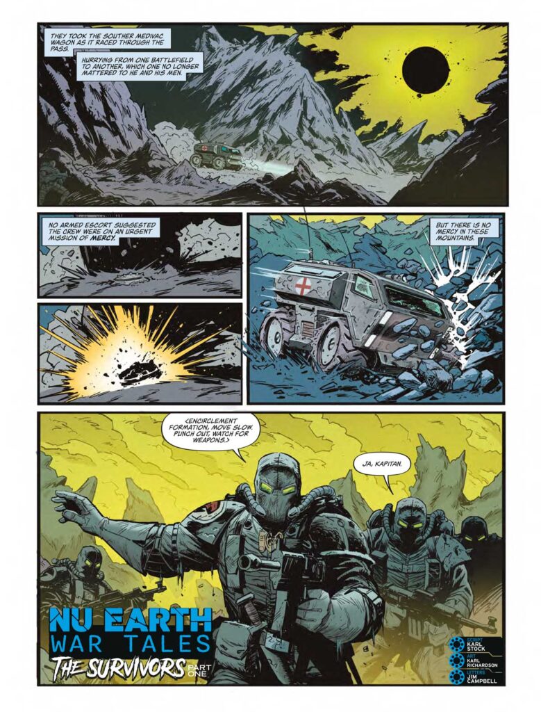 2000AD Prog 2447 - Nu Earth War Tales: The Survivors (Part 1)
by Karl Stock (Writer) Karl Richardson Bettin (Artist) Jim Campbell (Letterer)