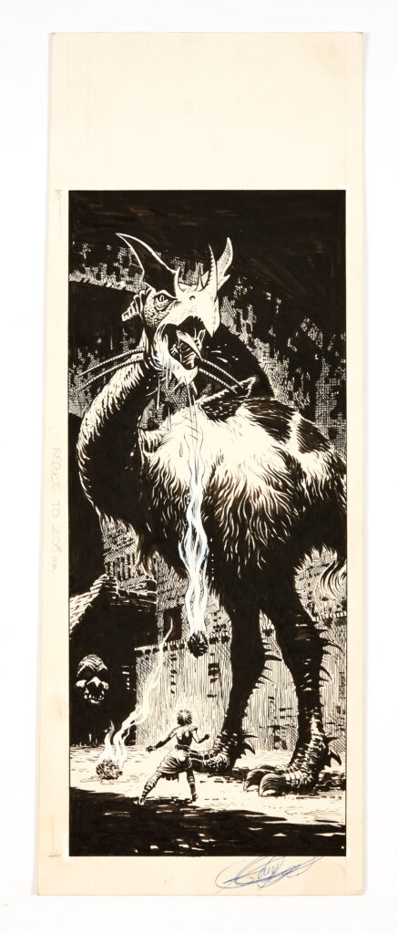 2000AD Monster, original artwork (1980s) drawn and signed by Garry Leach. Pen and ink on card. 14 x 6½ ins