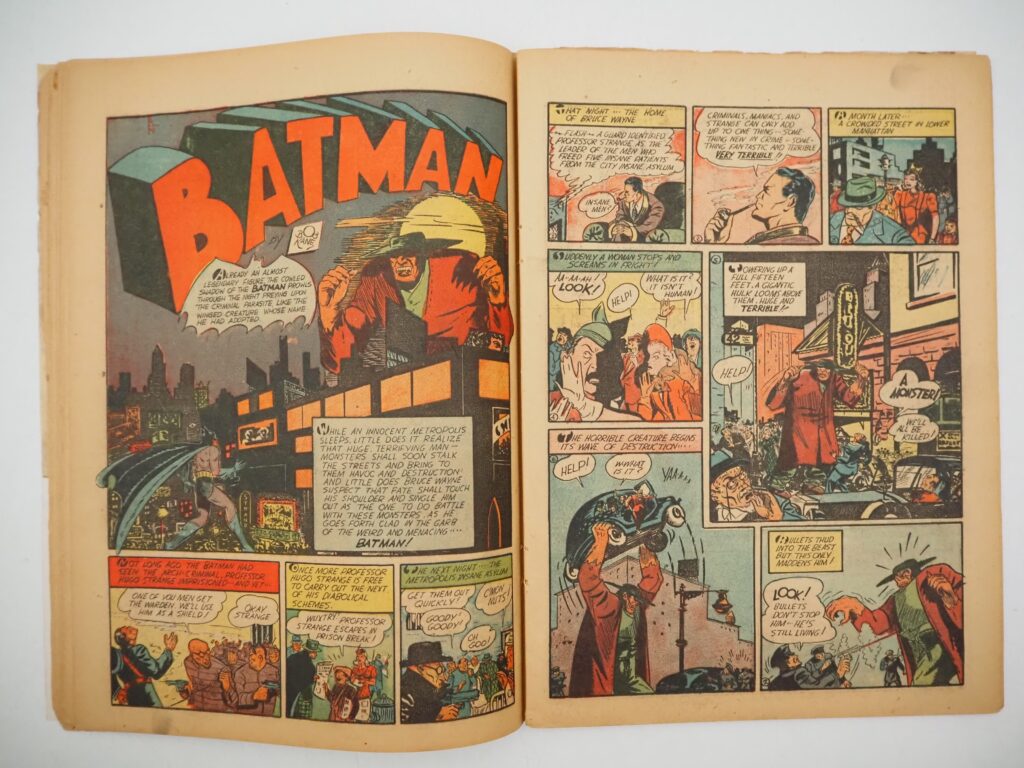 Batman #1 (1940 - DC). Featuring the first appearances of the Joker and the Cat (aka Catwoman) and Hugo Strange appearance. Bob Kane and Jerry Robinson classic cover and art. Bill Finger story. The comic is complete with no missing pages, but it’s not in great condition –there are no staples and the cover is detached. The cover is also poor, with a large piece missing which has been crudely replaced and has a piece missing from the bottom left hand corner and various colour touches, tear seals etc.