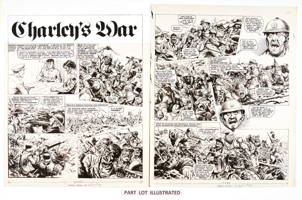 Charley's War: 3 original artworks (1980) by Joe Colquhoun with script by Pat Mills for Battle-Action No 306 pgs 20, 22, 23 'Blue told the final part of his story of the Battle of Verdun … how two untried battalions of Senegal troops were unleashed on the Germans. Pen and in on card. 18 x 15 ins (3 artworks)