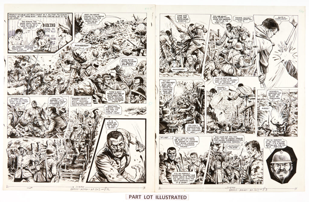 Charley's War: 3 original artworks (1980) by Joe Colquhoun with script by Pat Mills for Battle-Action No 307 pgs 2-4. 'Charley and Blue had been caught by a military policeman known as the "Drag Man", who was forcing Blue to tell his story of the battle of Verdun where the French Legionnaires and their Senegalese troop allies take on the charging Boche'. Pen and ink on card. 18 x 15 ins (3 artworks)