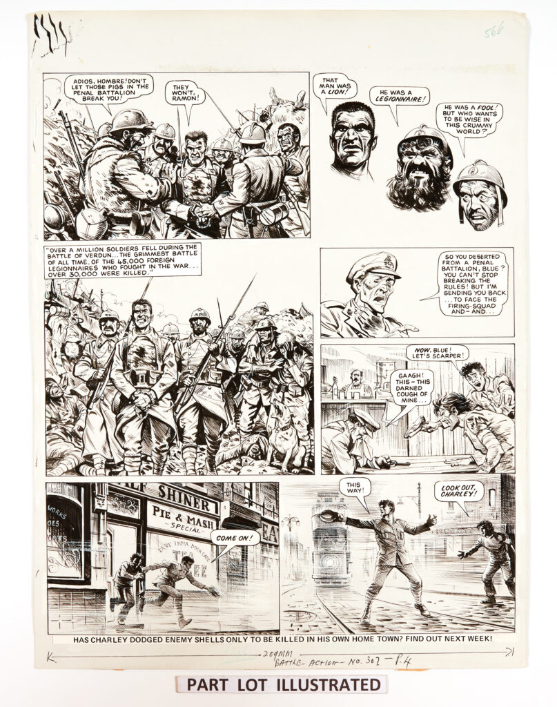 Charley's War: 3 original artworks (1980) by Joe Colquhoun with script by Pat Mills for Battle-Action No 307 pgs 2-4. 'Charley and Blue had been caught by a military policeman known as the "Drag Man", who was forcing Blue to tell his story of the battle of Verdun where the French Legionnaires and their Senegalese troop allies take on the charging Boche'. Pen and ink on card. 18 x 15 ins (3 artworks)