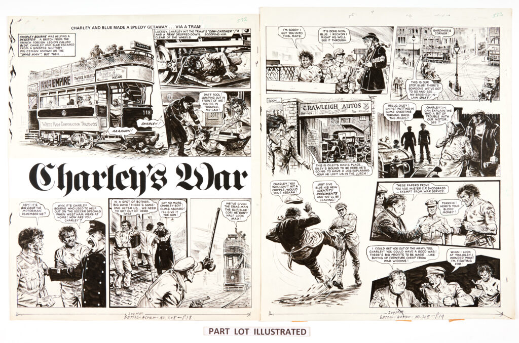 Charley's War: 3 original artworks (1980) by Joe Colquhoun with script by Pat Mills for Battle-Action No 308 pgs 18-20. 'Charley Bourne was helping a deserter… a Briton from the French Foreign Legion called Blue. Charley and Blue escaped from a sinister military policeman known as the "Drag Man", but then ...'. Pen and ink on card. 18 x 15 ins (3 artworks)