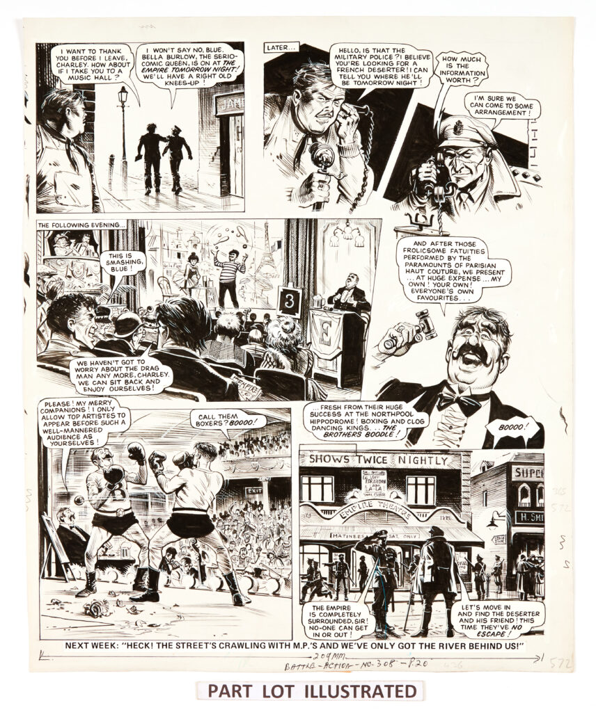 Charley's War: 3 original artworks (1980) by Joe Colquhoun with script by Pat Mills for Battle-Action No 308 pgs 18-20. 'Charley Bourne was helping a deserter… a Briton from the French Foreign Legion called Blue. Charley and Blue escaped from a sinister military policeman known as the "Drag Man", but then ...'. Pen and ink on card. 18 x 15 ins (3 artworks)