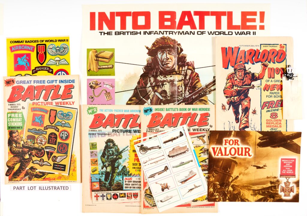 Battle (1975) 1, 2, 3 all with their free gifts, Warlord (1974-75) 1, 51, 69 all with free gifts, and Smash! 27 Sept 1969, gift as new