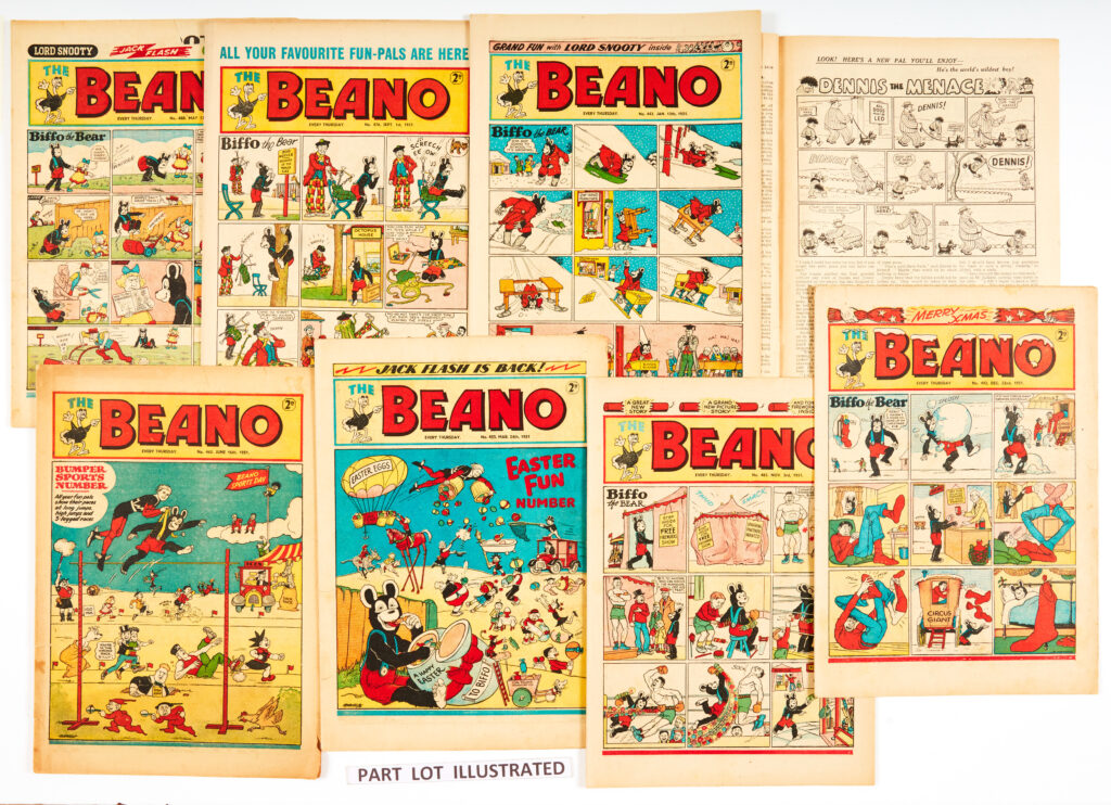 Beano (1951) 442-493 near complete year (missing No 472) and including No 452 First Dennis The Menace [fn] with Easter Fun Number and Bumper Sports Number (both with single panel front covers). Nos 460, 477 and 493 have 1 inside top margin of cover cut away (not affecting masthead printing