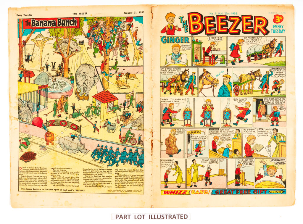 Beezer 1 (1956) Introducing Ginger by Dudley Watkins, Pop, Dick and Harry, Mick On The Moon and The Banana Bunch by Leo Baxendale