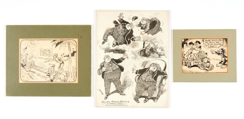 Original 1930s artwork: Billy Bunter signed by C.H. Chapman. ('Yorick') 8 x 10 ins Cat and Dog by Roy Wilson 5 x 4 ins and 'Overipe Fruit Pa!' 6 x 4½ ins