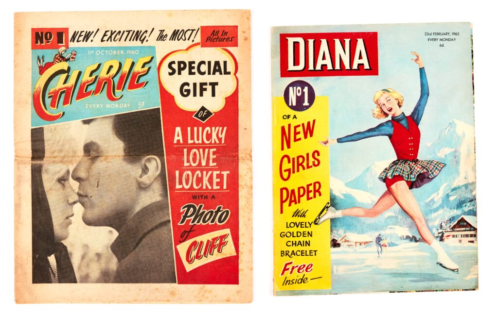 Diana 1 (1963) Bright cover, 1" lower spine split, small crossword filled in [vg+]. With Cherie 1 (1960) with margin foxing to cover and horizontal mail fold