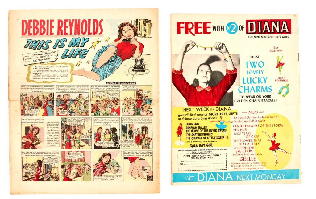 Diana 1 (1963) Bright cover, 1" lower spine split, small crossword filled in [vg+]. With Cherie 1 (1960) with margin foxing to cover and horizontal mail fold