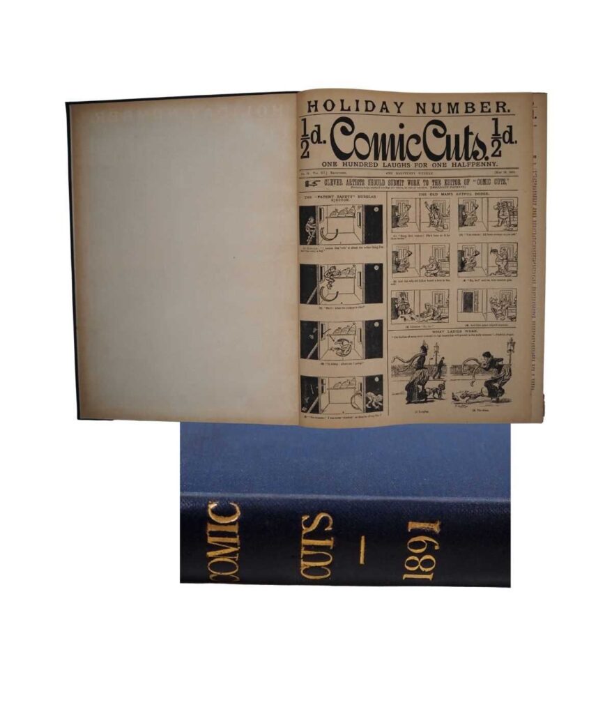 Comic Cuts (Nos 53 – 78, cover dated 16th May – 7th November 1891) Bound Volume. Initially aimed at the growing number of literate working class adults who couldn't afford a penny newspaper, Comic Cuts held the record for the most issues of a British weekly comic until overtaken by The Dandy in 1999.