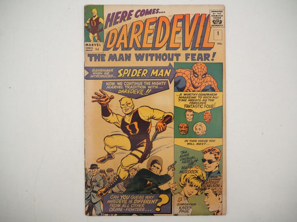 Daredevil #1 - (1964 - MARVEL - UK "Pence Copy"). First appearance of Daredevil (blind attorney Matt Murdock). Plus first appearances of Karen Page and Foggy Nelson. Jack Kirby and Bill Everett cover with Everett interior art
