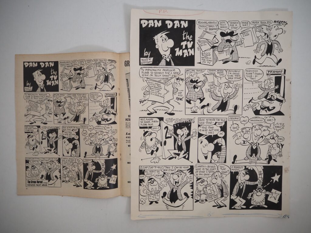 Original “Dan Dan The TV Man” art by Denis Gifford for TV Tornado, plus comic. This strip appeared in Issue 18 of TV Tornado. Measures 33.5cm x 43.5cm. Also includes a copy of TV Tornado Issue 18 dated cover dated 13th May 1967