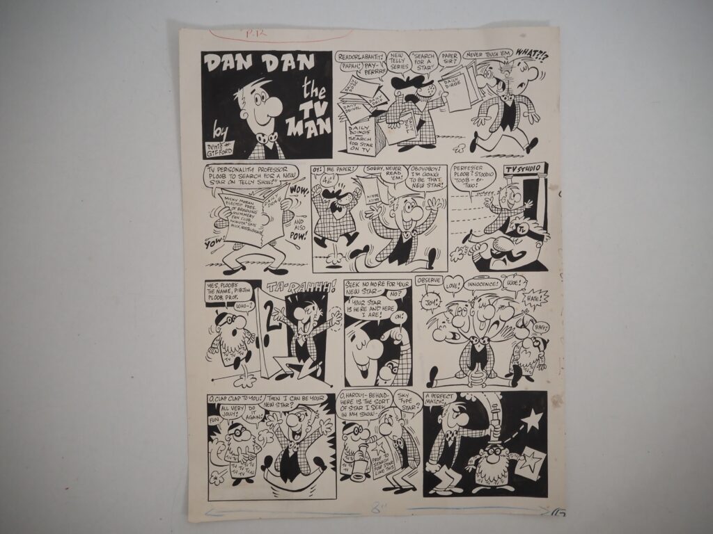 Original “Dan Dan The TV Man” art by Denis Gifford for TV Tornado, plus comic. This strip appeared in Issue 18 of TV Tornado. Measures 33.5cm x 43.5cm. Also includes a copy of TV Tornado Issue 18 dated cover dated 13th May 1967