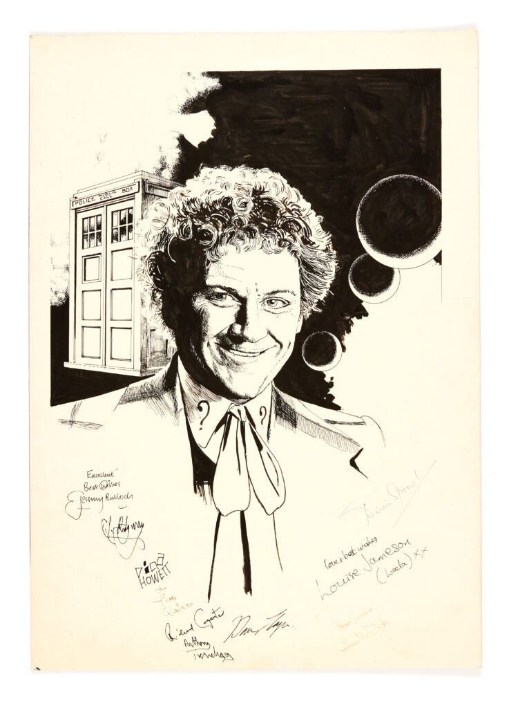 Doctor Who/Colin Baker original artwork (1985) drawn and signed by John Ridgway and the cast members including Leela (Louise Jameson) and Jeremy Bulloch (who went on to play Boba Fett in Star Wars), Tim Quin and Dicky Howett comic strip artists and writers on Doctor Who Magazine. Pen and ink on board. 17 x 12 ins