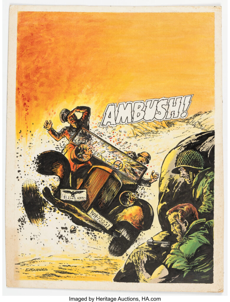 Carlos Ezquerra Fury #11 Cover Painting Original Art (Marvel UK, 1977). FURY was of course Nick Fury. This cover shows him during his WWII days with the Howling Commandos. This weekly issue was released on 5-25-77. The cover was created in ink and watercolor on illustration board. Signed in the lower left of the 12" x 16" image area. The text is a hand-lettered paste-up. The board is toned, with corner dings and some foxing. In Very Good condition.
