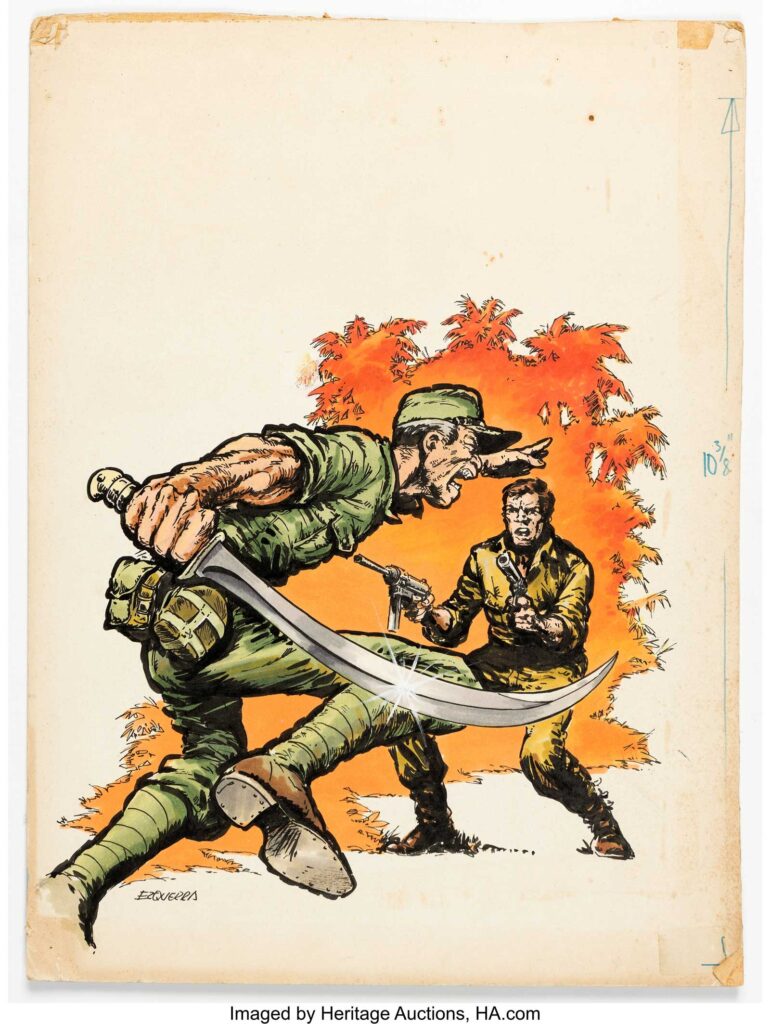 "Ezquerra's original cover re-energises Marvel's wartime reprints for a new British audience for this short-lived weekly," Heritage enthuses of the cover of FURY No. 21, cover dated 3rd August 1977. Ink, watercolour, and white paint over graphite on illustration board with an image area of 12" x 12.5". Signed by Ezquerra in the image area. Toned, spot stains, dust shadows, heavy corner/edge wear, foxing, and handling wear. In Very Good condition.