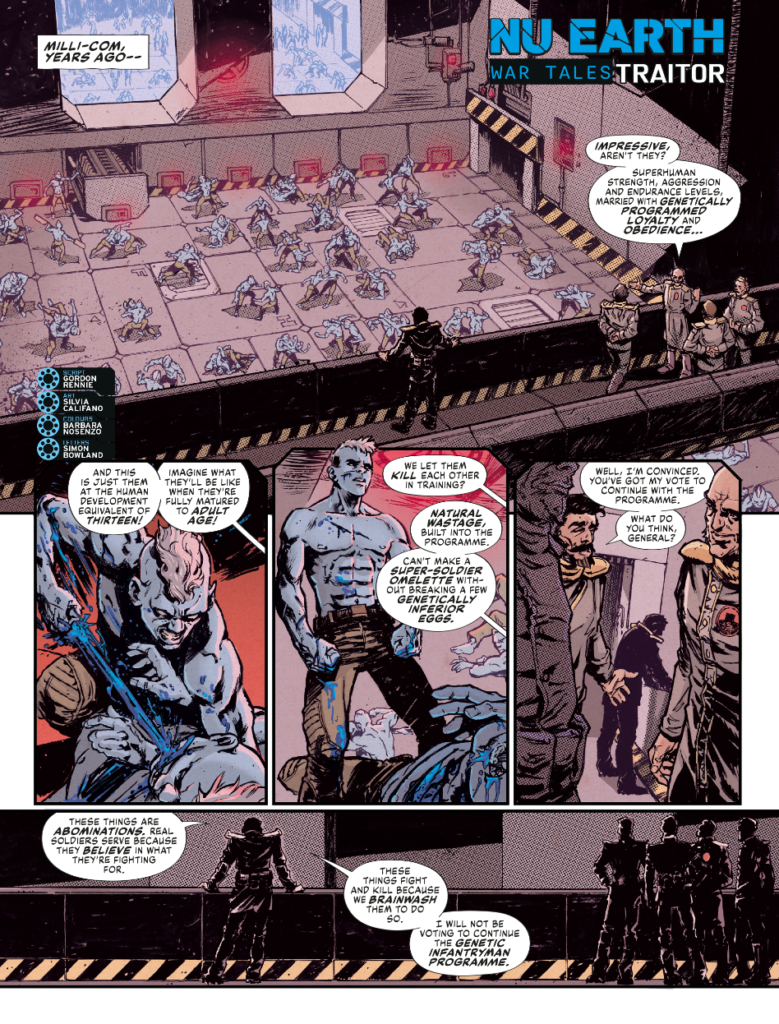 2000AD Prog 2444  - NU-EARTH WAR TALES // TRAITOR
by Gordon Rennie (Writer) Silvia Califano (Artist) Barbara Nosenso (Colourist) Simon Bowland (Letterer)