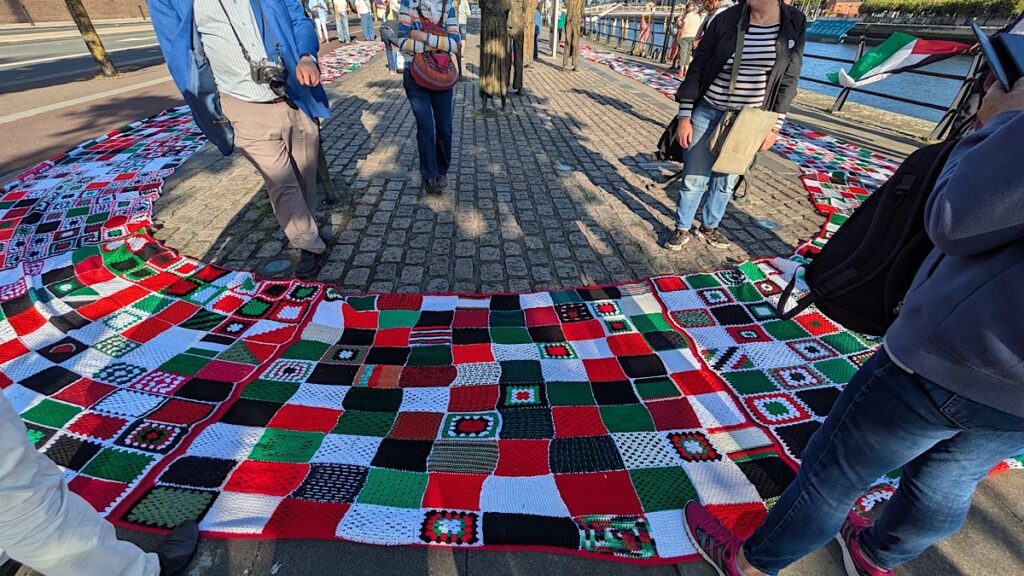 An international quilt of resistance, which has been crocheted in rural Ireland by a group of women and their international allies for Palestinian children killed in Gaza. Photo: James Bacon