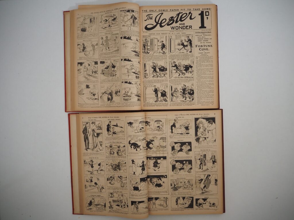 The Jester and Wonder Nos 218 – 243 & 244-269 Bound Volumes (cover dated 6th January – 29th December 1906). Complete year in two bound volumes, starring “Bob the Pet Navvy & The Bunsey Boys”. The July to December volume has a file copy sticker on the front cover. The file copy appears to include a list of creators who have worked on material for the issues included