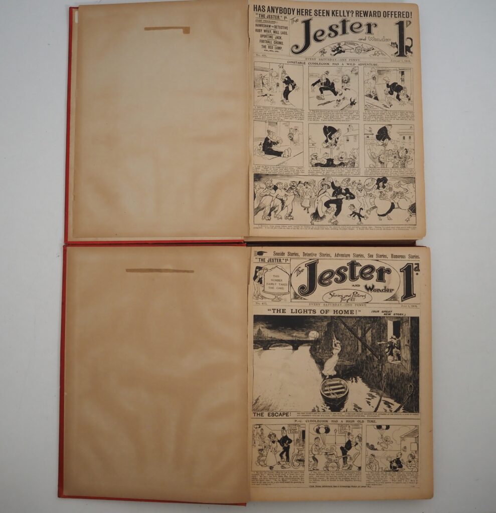 The Jester and Wonder Nos 426 – 451 & 452 – 478 (cover dated 1st January – 31st December 1910). Complete year in two bound volumes starring “Constable Cuddlecook”. Both volumes appear to be file copies although the sticker has fallen off the cover of the second volume