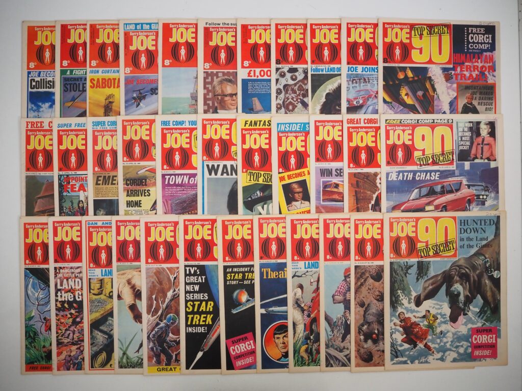 A full set of Joe 90 Top Secret comic (Nos 1 – 34). Original owner copies, with striking cover art which also contain the first original British “Star Trek” comic strips. No free gifts