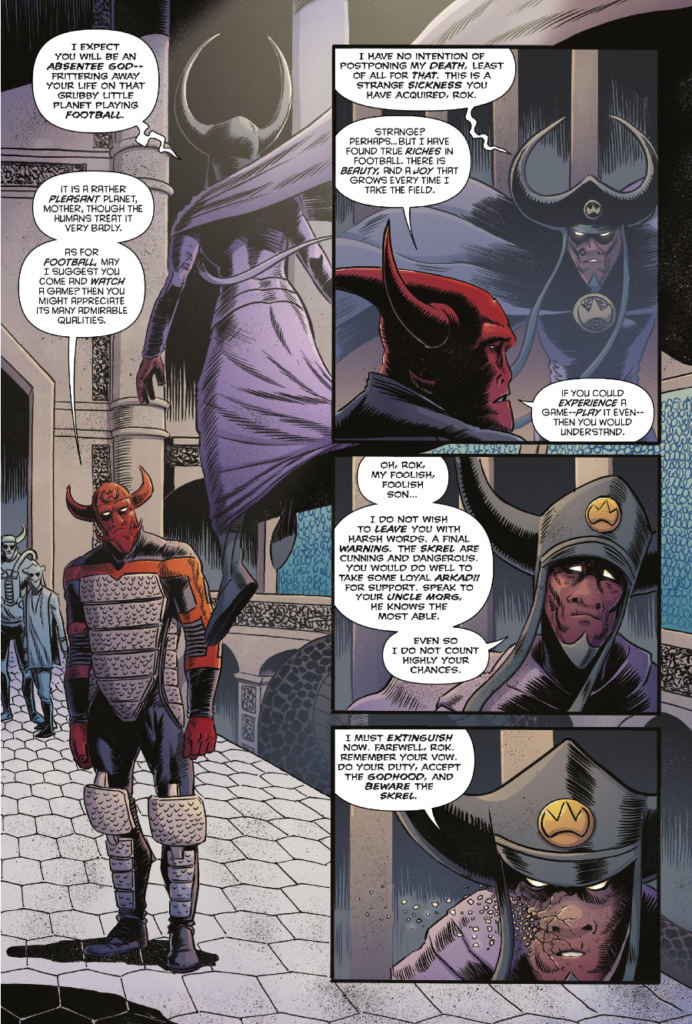 Judge Dredd Megazine 483 - ROK THE GOD 
by John Wagner & Alan Grant (Writer) Dan Cornwell (Artist) Abby Bulmer & Jim Boswell (Colourist) Jim Campbell (Letterer)