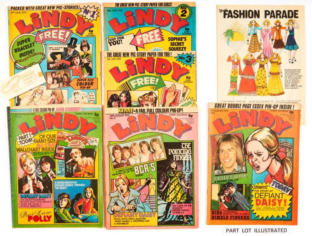 Lindy (1975) 1-20 Complete run with Lindy Summer Special (1975, the only one issued) No 1 With Free Gift. Horror and adventure stories: The House of Fear, Hard Days for Hilda, The Pointing Finger and Defiant Daisy. With Lindy's Letter Box, Pop-pins questions, Quick Cook (this week: Prawn Cocktail) and Penny Crayon by Peter Maddox