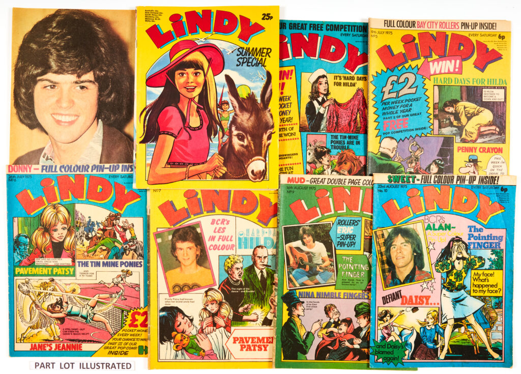 Lindy (1975) 1-20 Complete run with Lindy Summer Special (1975, the only one issued) No 1 With Free Gift. Horror and adventure stories: The House of Fear, Hard Days for Hilda, The Pointing Finger and Defiant Daisy. With Lindy's Letter Box, Pop-pins questions, Quick Cook (this week: Prawn Cocktail) and Penny Crayon by Peter Maddox