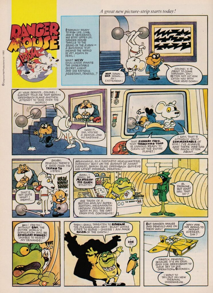 Danger Mouse debuts in Look-In Volume 12 No. 10, cover dated 6th March 1982, written by Angus Allan with art by Arthur Ranson