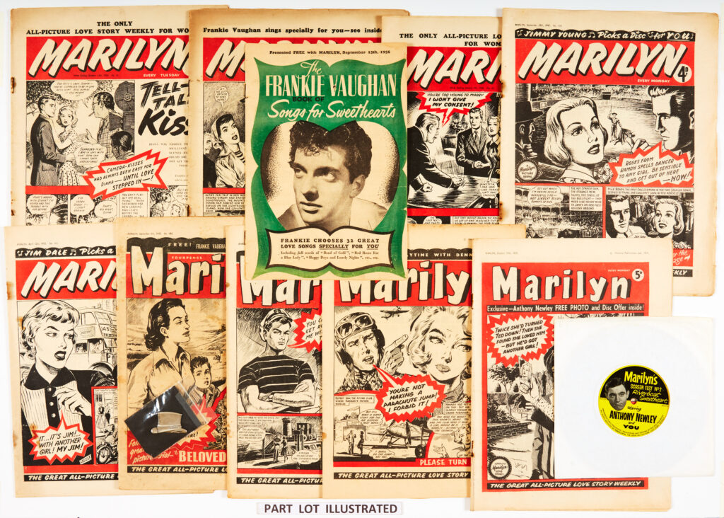 Marilyn (1955-59) 1955: 31, 32, 33 including free gift Frankie Vaughan's Book of Songs for Sweethearts. 1956: 43, 45, 80, 1957: 6 issues between 110-134. 1958: 25 issues between 148-195 including No 182 With Free Gift, Frankie Vaughan's Lucky Little Topper Pin, 1959: 199-223 and 14 issues between Aug 29-Dec 29 including issue cover dated 17th October With Free Gift, Anthony Newley EP record with his photo on the back. Most issues with cream pages and rusty disintegrated staples. 11 issues