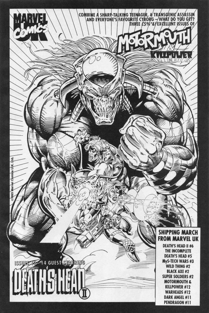 A 1993 comic trade advertisement for a planned Motormouth & Killpower mini series, guest starring Death's Head