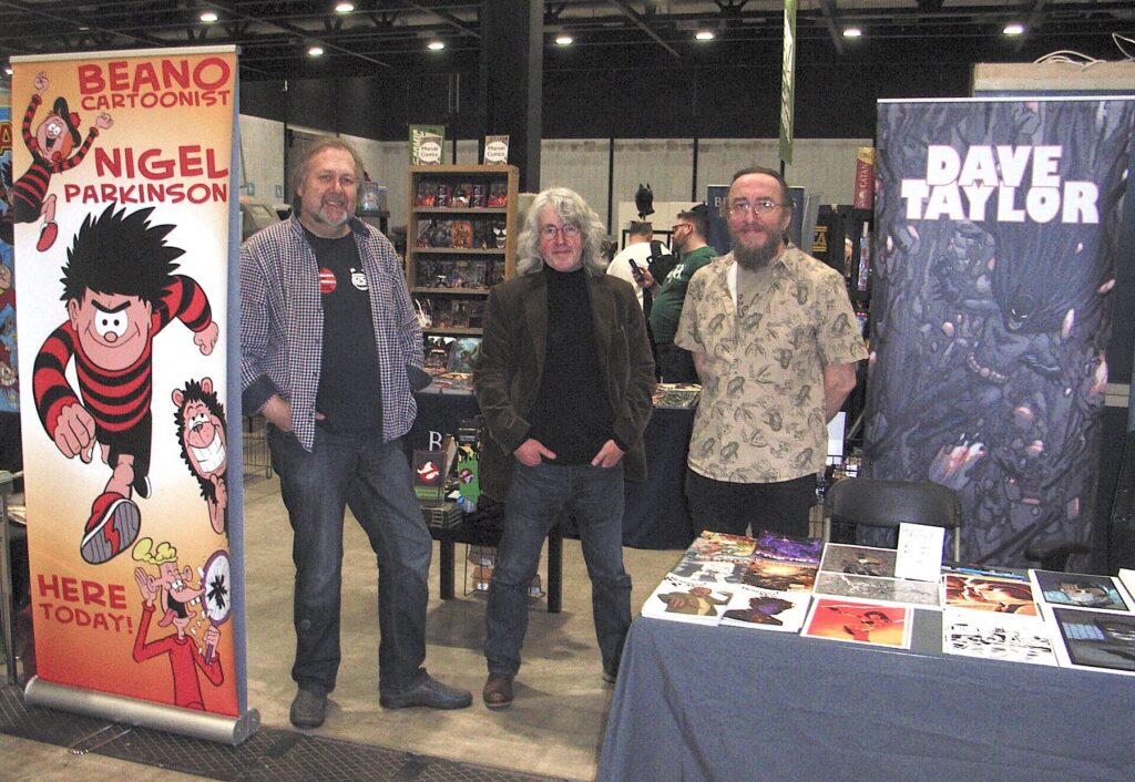Liverpudlians United:  artist Nigel Parkinson, writer Tim Quinn and artist Dave Taylor, in 2019
