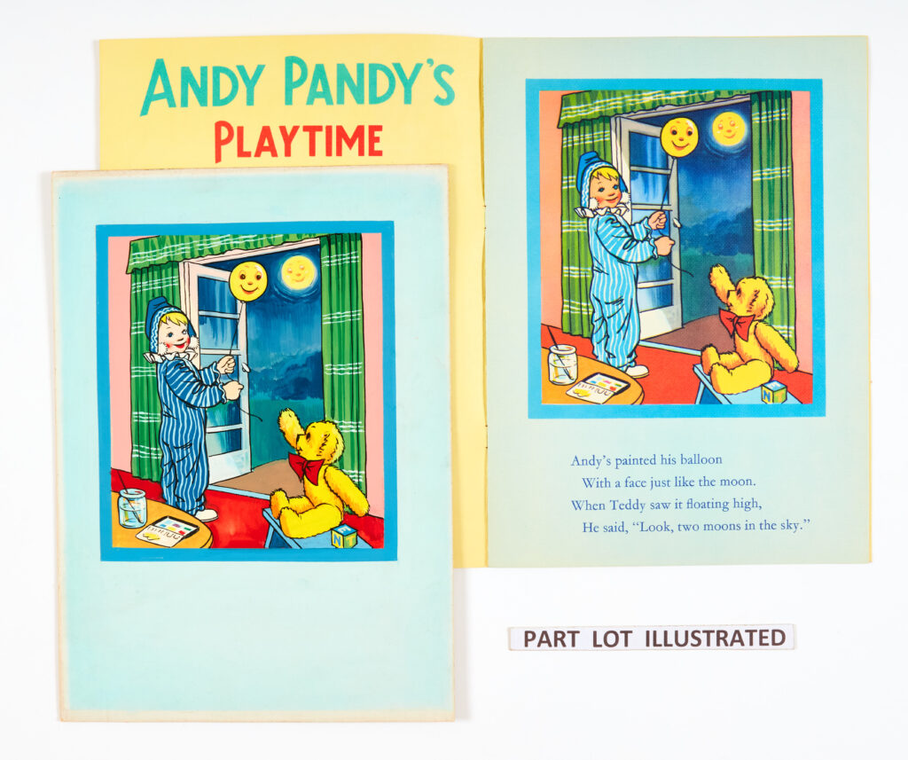 Andy Pandy Playtime book original colour artworks (1950s) by Norman Satchel for pages 3, 4, 7, 8 and 10 with Playtime book