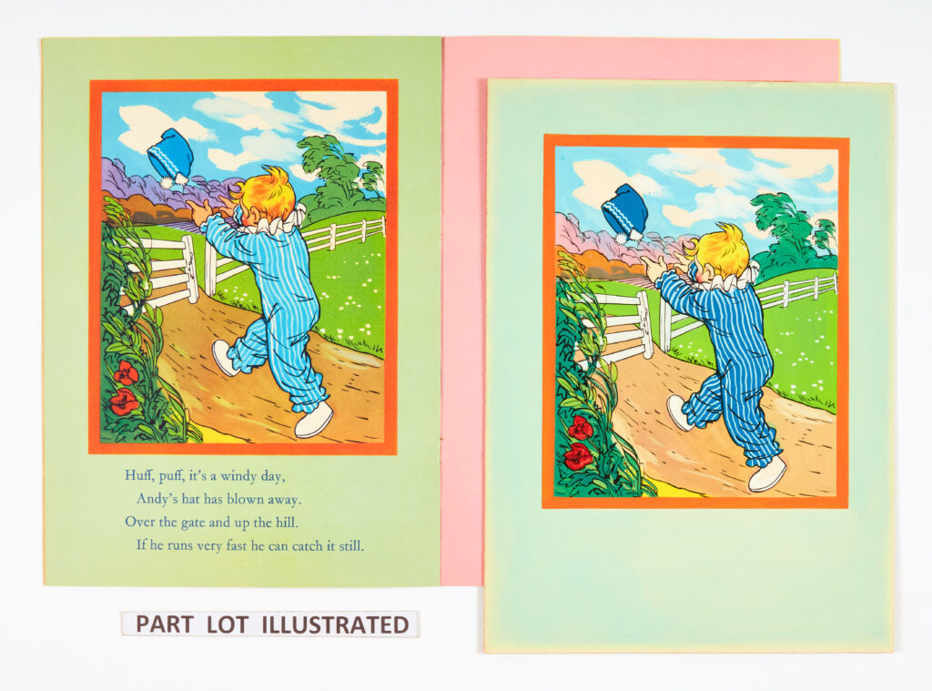 Andy Pandy Playtime book original colour artworks (1950s) by Norman Satchel for pages 3, 4, 7, 8 and 10 with Playtime book