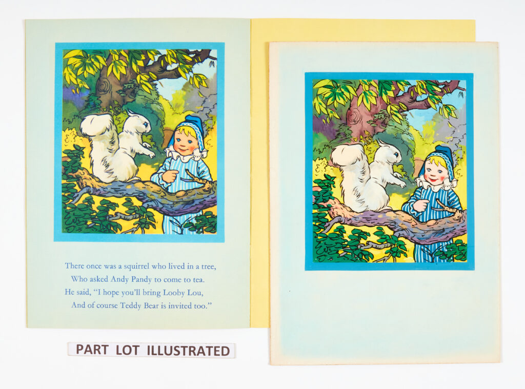 Andy Pandy Playtime book original colour artworks (1950s) by Norman Satchel for pages 3, 4, 7, 8 and 10 with Playtime book