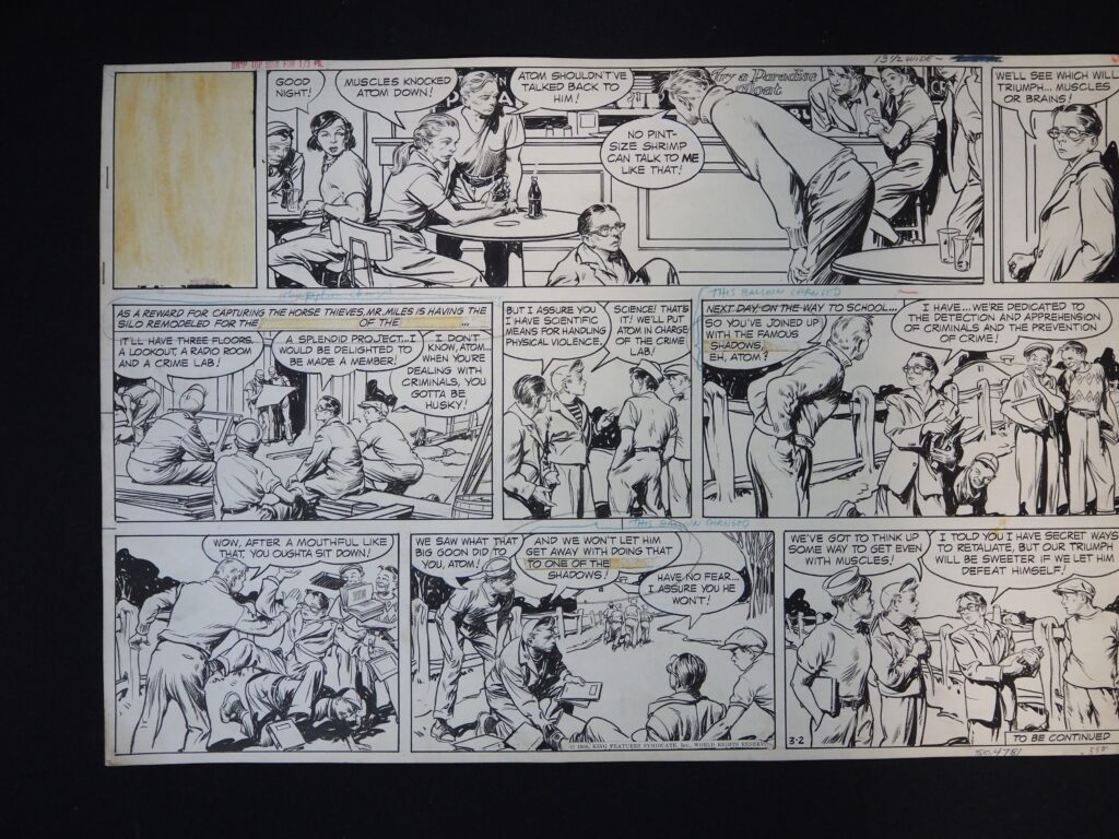 Original Comic Sunday Strip Art for the newspaper strip “Rusty Riley” by Frank Godwin, dated 23rd March 1958 – distributed by King Features Syndicate. Long-running series held in high regard by comics strip afficionados for the exceptional quality of art and writing that Godwin brought to it. Measures approximately 60cm x 41cm overall. In very good condition, the title stat is missing from the first panel, and there are a few instances of type loss.