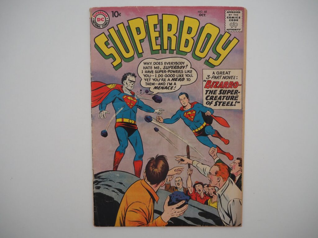 Superboy #68 (1958 - DC) featuring the origin and first appearance of Bizarro. Cover art by Curt Swan and Stan Kaye