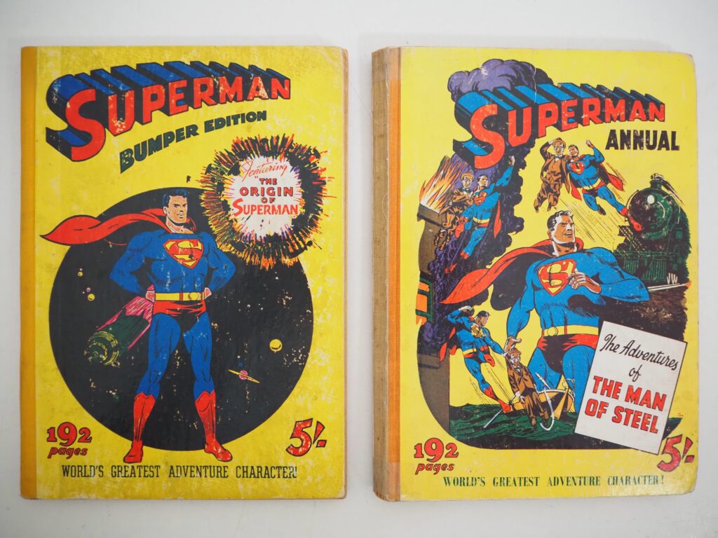 Superman Annuals for 1951 and 1952 published by Atlas Publishing. The first annual is hard to find. It’s titled 'Superman Bumper Edition', with the cover art taken from Superman #53