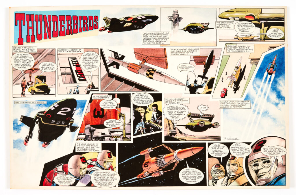 Thunderbirds original double-page artwork (1966) drawn, painted and signed by Frank Bellamy for TV Century 21 No 88, 1966. 'The World President has given the order to hand over the bomb so International Rescue can destroy a piece of the Sun which threatens to destroy the Earth - Project Sunburst precariously moves into action...' Bright, fresh Pelikan inks on board. 26 x 17 ins.