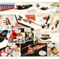 Thunderbirds original double-page artwork (1966) drawn, painted and signed by Frank Bellamy for TV Century 21 No 88, 1966. 'The World President has given the order to hand over the bomb so International Rescue can destroy a piece of the Sun which threatens to destroy the Earth - Project Sunburst precariously moves into action...' Bright, fresh Pelikan inks on board. 26 x 17 ins.