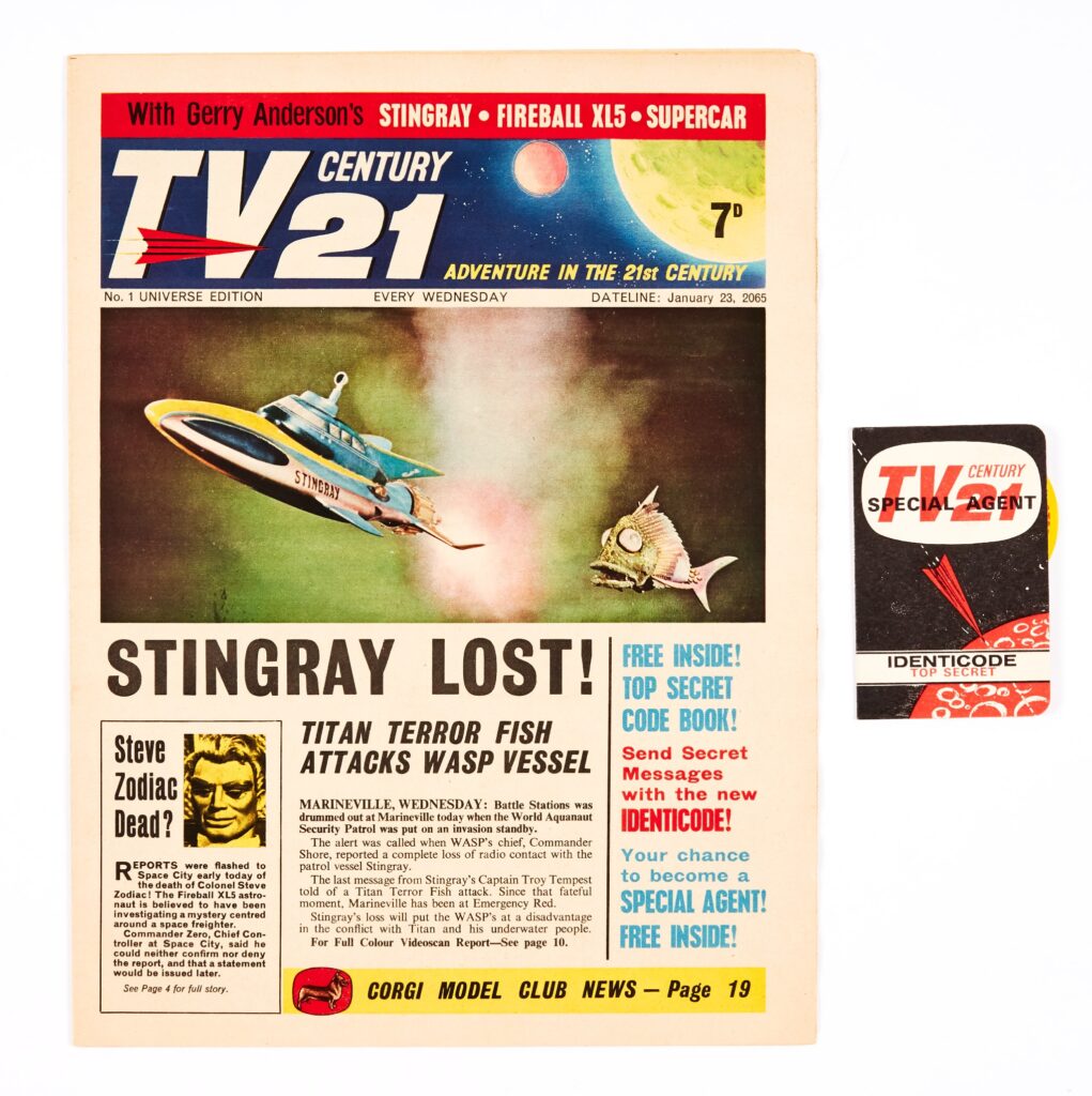 TV Century 21 No 1 (1965) With Free Gift - Secret Agent Identicode Card (without written name or address!). Featuring Stingray, The Daleks, Fireball XL5, Supercar, My Favourite Martian and Burke's Law. The highest graded first issue ever to be offered for auction, Identicode as new